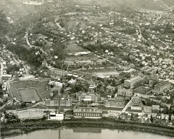 An aerial view of downtown campus during WVU vs Pitt football game.  
