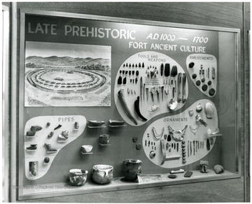 Late Prehistoric, Fort Ancient Culture Exhibit. Includes pipes, ornaments, tools and weapons, and amusements.