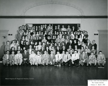 A group portrait of attendees of WVU high school leadership conferences held in 1958.