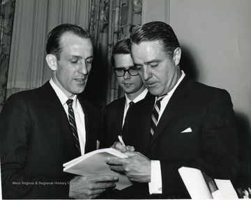 Sargent Shriver (right) kickoff speaker for the Greater University Drive of 1966 with Dave Tork (left), Assistant Director of Development.