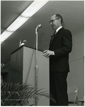 'President of Chatham College Edward Eddy speaks at Mar. 23-27, 1967 international meeting of the Association of Women Students held at WVU during the 100th Anniversary Year.'