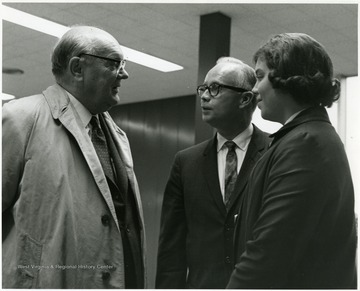 'Famed international figure Paul-Henry Spaak (left) chats with 100th Anniversary executive director Donovan H. Bond and his daughter Vicky before Spaak's Nov. 2 1967 address.'