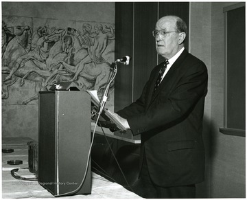 'Carl Frasure, dean of the WVU College of Arts &amp; Sciences, is shown speaking at the Nov. 28, 1967 Future of Undergraduate Education at WVU seminar.'