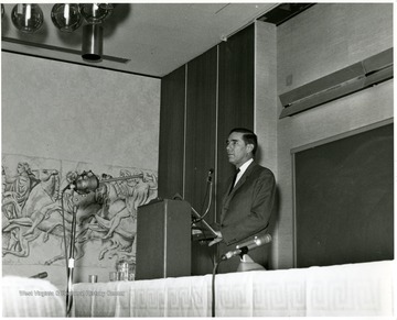 'Chancellor of Vanderbilt University Alexander Heard is shown speaking at Nov. 28, 1967 seminar on The Future of Undergraduate Education at WVU.'