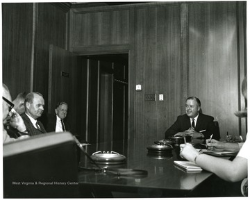 'WVU President James G. Harlow at press conference shortly after taking over leadership of WVU in September, 1967.'