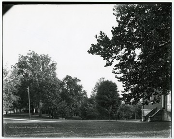 The building on the right is Martin Hall, and the wooded area beyond is the future building site of Elizabeth Moore Hall.