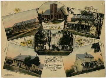 Top row from left to right: Lincoln Hall and John Brown's Fort, Curtis Freewill Baptist Church, and Myrtle Hall. In the center is Anthony Memorial Hall. Bottom row left is Industrial Building and bottom row right is the Presidents House.