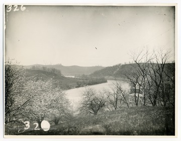 'View of bend in Monongahela River below Morgantown. Taken from West Virginia University campus near Woodburn Hall.'