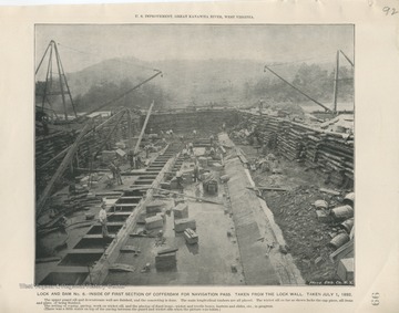 'U.S. Improvement, Great Kanawha River, West Virginia. Lock and Dam No.8 - Inside of first section of cofferdam for navigation pass. Taken from the lock wall. Taken July 1, 1892. The upper guard sill and downstream wall are finished, and the concreting is done. The main longitudinal timbers are all placed. The wicket sill as far as shown lacks the cap piece, sill irons and plate, of being finished. The setting of coping, paving, work on wicket sill, and the placing of fixed irons - wicket and trestle boxes, hurters and slides, etc., in progress. (There was a little water on top of the paving between the guard and wicket sills when the picture was taken.)'