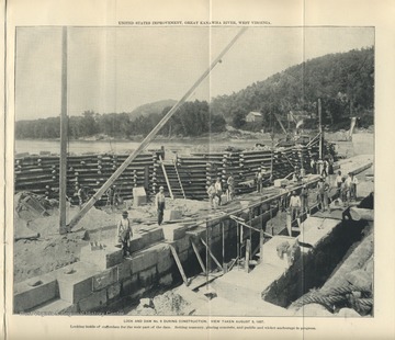 'U.S. Improvement, Great Kanawha River, West Virginia.Looking inside of cofferdam for the weir part of the dam. Setting masonry, placing concrete, and puddle and wicket anchorage in progress.'