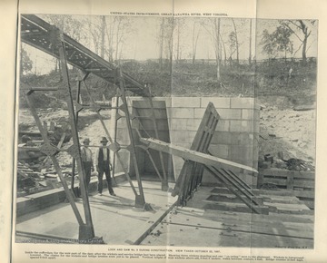 'U.S. Improvement, Great Kanawha River, West Virginia. Inside the cofferdam for the weir part of the dam after the wickets and service bridge had been placed. Showing three wickets standing and one 'on swing' next to the abutment. Wickets in foreground lowered. The chains for the wickets and bridge trestles were yet to be placed. Vertical height of weir wickets above sill, 8 feet 6 inches; width between centers, 4 feet. Bridge trestles 12 feet high, spaced 8 feet apart.'