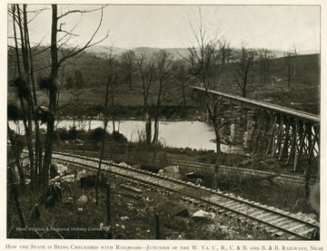 'How West Virginia is being checkered with railroads--junction of the W. Va. C.; R., C. &amp; B. and B. &amp; B. railways, near Belington in Barbour County.