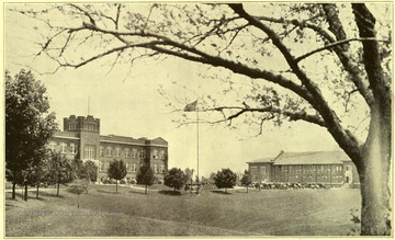 'A glimpse of the campus at Concord State Teachers College, Athens, West Virginia, showing the administration building and the physical education building. Vol. 60, No. 7; Official Publication of the W.Va. State Education Association.'