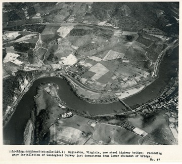 'Looking southeast at mile 1191; Eggleston, Virginia, new steel highway bridge; recording gage installation of Geological Survey just downstream from lower abutment of bridge.'