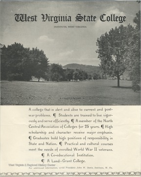 'A college that is alert and alive to current and post-war problems. Students are trained to live vigorously and serve efficiently. A member of the North Central Association of Colleges for 25 Years. High scholarship and character receive major emphasis. Graduates hold high positions of responsibility in State and Nation. Practical and cultural courses meet the needs of enrolled World War II veterans. A co-educational institution. A land-grant college.'