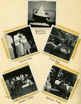 From left to right, top to bottom: Calhoun County 4-H Camp assembly program, council fun, field day, leaders' stunt, and leisure time.