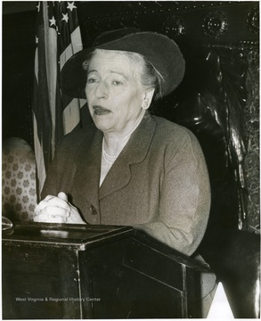 Pearl S. Buck, Chairman of the governor's committee on handicapped children speaking. Philadelphia Inquirer.