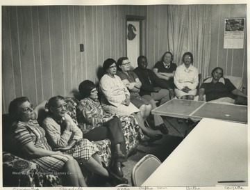 From left to right: Armantha Mayle, Elizabeth Mayle, Lyda Gunther, Orpha Mayle, Fern Culversen, Frank Peoples, Bertha Newman, Silvia Mayle, Canzetta Johnson