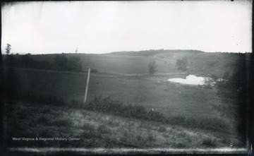 'Looking N. from a little sandy hill on right of pike and nearly alongside Dinkler's farm house seen in No 113. The place of the pike is shown by the telegraph wires through the road itself is low and hidden by the fringes of bushes. 110.D.66 I.C.; July 31, 1884, Thursday 3:50 pm, dark, cloudy'