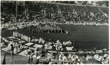 A photograph of a large training session in Old Mountaineer Field.