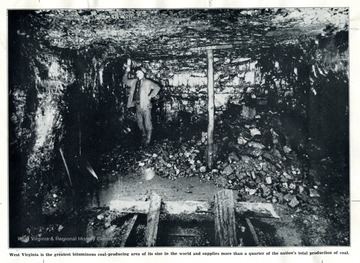 An interior view of a typical mine prior to introduction of modern mechanical machines and loaders.  Coal miners used picks and shovels to remove the "black gold" from beneath the West Virginia hills.