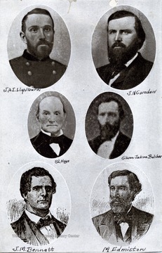 A collection of W. Va. politicians.  Left column, top to bottom: J. A. J. Lightburn, S. L. Hays, J. M. Bennett; Right column, top to bottom: J. N. Camden, Gibson Jackson Butcher, M. Edmiston