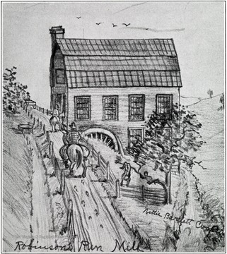 'This picture was drawn by Mrs. Cooper. She says it is Asbury Duncan and her grand father John Chalfant on the horses. Marshall Ogden and brother playing in the trees and her father Melville B. Bartlett going to Shinnston in his new wagon made by my father B. Hammer.'