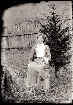A portrait of woman sitting outdoor near an evergreen tree.