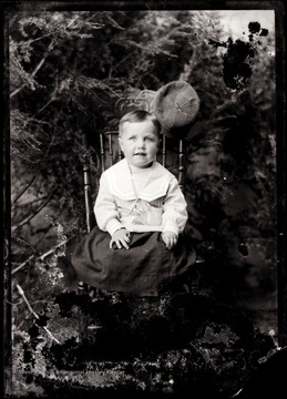 A portrait of boy sitting in front of an evergreen tree.