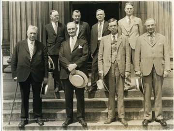 Marion' County's Prosecuting Attorney's since the election of 1892. Front row, left to right- Charles Powell, George M. Alexander, Scott C. Lowe, Tusca Morris. Back row- Walter R. Haggerty, Frank R. Amos, M.W. Ogden, M.E. Morgan. First five are Democrats, latter three are Republicans.