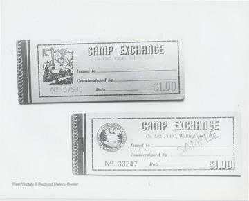 Two different C.C.C Camp Exchanges. The first exchange reads Co. 1905, C.C.C., Salyer, CA, No. 57538. The second exchange reads Co.5824, C.C.C, Wallingford, Ohio, No.33247.