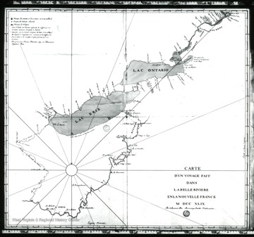 'Father Bonnecamp's 1749 map of the Ohio made during an expedition with de Blainville to bury leader Plates to claim the Ohio Valley for the King of France.'