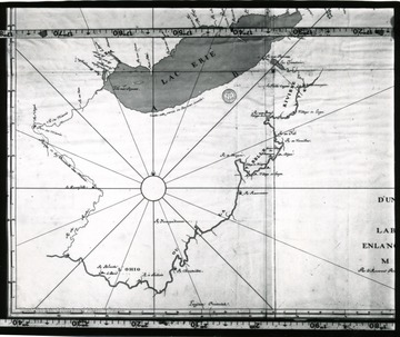 'Father Bonnecamp's 1749 map of the Ohio made during an expedition with de Blainville to bury leader Plates to claim the Ohio Valley for the King of France.'