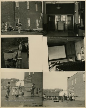 Top left picture is men standing on top of a roof. Top right picture is a view from inside a building. Middle left picture is a view from on top of a roof. Middle right picture is a view from inside an auditorium. Bottle left picture is men cleaning a building's roof. The bottom right picture is men cleaning a building's roof. 