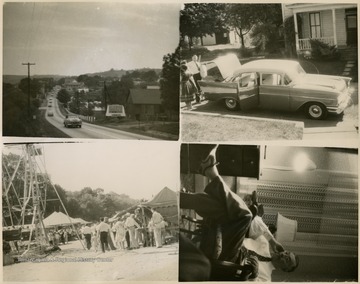 Top left picture is cars traveling in Claysville, P.A. Top right picture is a man and a woman unloading a car. Bottom left picture is a view of a carnival. Bottom right picture is portrait of a man. 