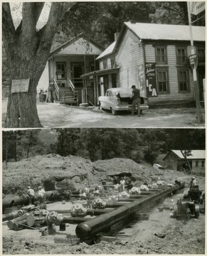 The Top is a picture of a man getting something out of his car. The Bottom is men working on a construction site.