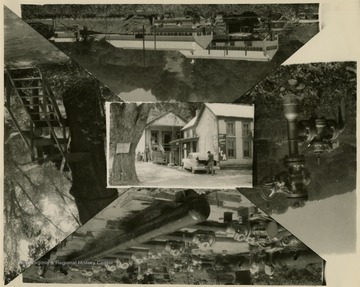 Top picture is men doing construction on a factory. Right picture is a picture of a piece of machinery. Bottom Picture is a construction site. The left picture is a bridge in the woods. The middle picture is a men getting something out of his car.