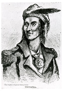 'From a pencil sketch made about 1812.  There is no true portrait of Chief Tecumsah in existence courtesy of the Smithsonian Institution.'  [Copied from : p.76, McWhorter, Lucullus Virgil.  The Border Settlers of Northwestern Virginia from 1768 to 1795...Hamilton, Ohio.  The Republican Publishing Co. 1915.  Copyrighted, 1915 by J.C. McWhorter, Buckhannon, W. Va.  All Rights Reserved.]