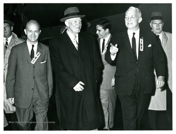 From left to right: Senator John D. Hoblitzell, Jr., President Dwight Eisenhower, governor Cecil Underwood and Senator Chapman Revercomb.  President Eisenhower appears in Charleston, October 28, 1958.