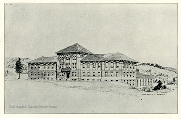 'This is the new building for the College of Engineering, taking the place of the one destroyed by fire in 1899.'  This photo is from a booklet, West Virginia University and its Picturesque Surroundings, 1901.