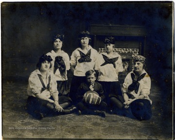 'From left to right: Nellie Frankart, Mary Kidwell, Mary Frankart, Gladys Wilson, Edna Humphrey, and Freddy Frankart. This group for a women's "semi-pro" basketball team. All were teachers except Mary Frankart.'