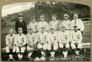 On the back of the photo: ' In 1928 City Baseball Champions were standing, left to right, Clyde Gatchel, Lee Carney, Louis Merck, Paul McDowell, Mike Mehalic and  Walter Wolfe. Sitting, also left to right, Tony Malone, Leo Burke, Flody Styvesant, Steve Mehalic, Morley Cross, Bud Shank, and Joe Folio, who furnished this picture for the Notebook.'