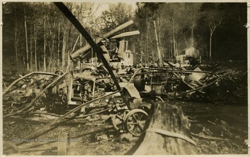 'The ruins of the Montes, W. Va., Giddings &amp; Lewis bandmill which burned on (no date written) D. D. Brown came to Elkins on the Cumberland train the night this mill burned, and they phoned in from Montes the mill was burning. Of course, we were unable to get out of there until the morning train about 9:00. M. M. and I were greeted with this ruin which was not an encouraging sight. signed; D. D. Brown'