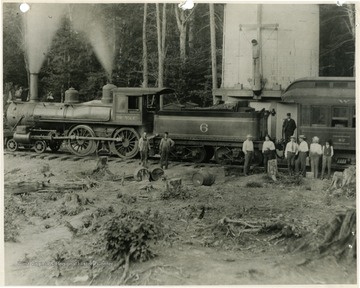 'Engine of First passenger Train into Elkins. Picture taken at Oxley, W. Va., on Durbin branch.'