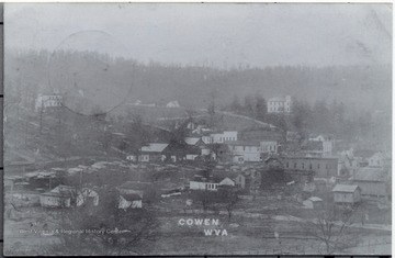 "Notice the roof of the depot, it is different than present depot, the town burned on May 30, 1911 the night of the first graduating class, the building on the top left is the hospital, later dorms, later grade school, later Brinson furniture, to the far right on hill is wooden high school before brick building built."
