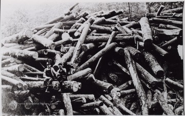 Men sitting on a log behind a large pile of logs.