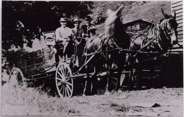 Men posed on a horse drawn carriage near Hacker Valley, W. Va. "Perry at left. Others unknown."