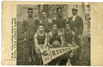 A post card with a group photo of the Men's Basketball team in uniform.