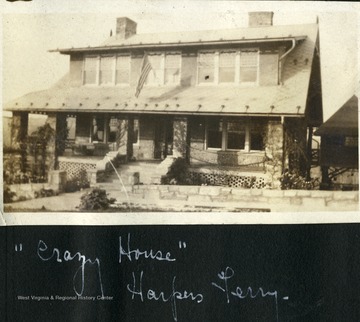 The "Crazy House" was built by a former mayor of Harpers Ferry in 1914. His hobby was collecting "old relics", which he placed inside walls of the house during construction. Such items as old china plates and bullets can be seen encased in the structure. The builder also made an impression of a coffin in the front sidewalk and wrote above it, "Remains of Old Worry", making the property an popular tourist attraction. Refer to A&M 454, Box 25; Folder 11 for more information.