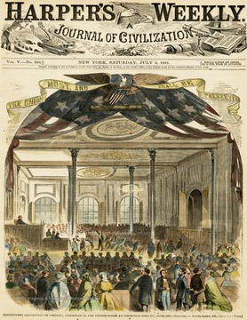 Delegates, loyal to the United States, meet to establish the Restored Government of Virginia and subsequently propose a new state. The caption reads, "Constitutent Convention of Virginia Assembled in the Custom House at Wheeling Ohio County, June 1861."